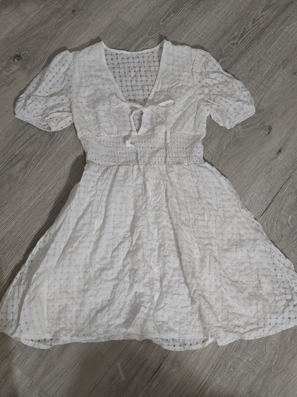 SHEIN White Tie-Front Smocked Mini Dress with Puff Sleeves